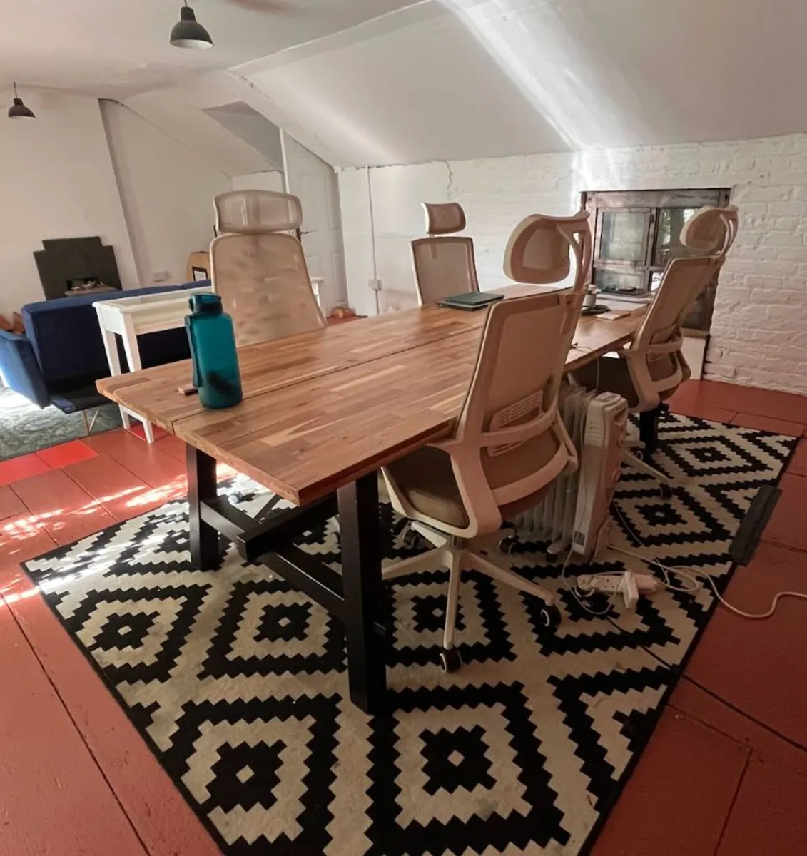 Large IKEA Table, 5 Office Chairs & 2 Fans - Image 1
