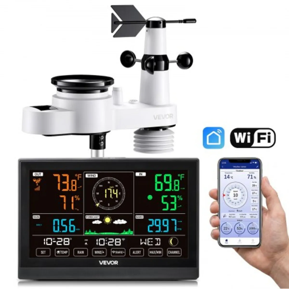 5-in-1 Wi-Fi Weather Station, 190.5 mm VA Display, - Image 1