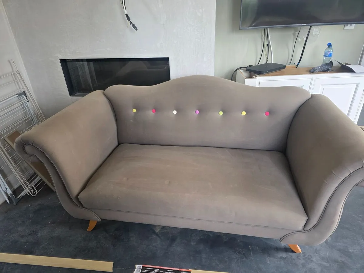 Two matching grey fabric sofas for sale.