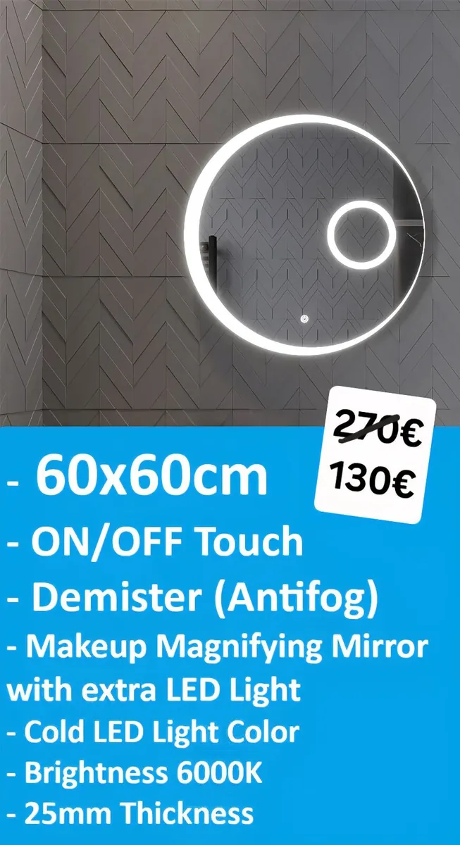 LED Bathroom Mirror Round Makeup Antifog 60cm - Image 1