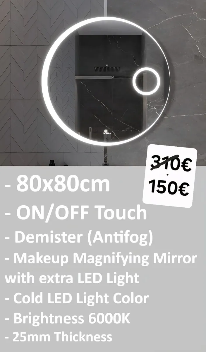 LED Bathroom Mirror 80cm Demister Makeup with Zoom - Image 2