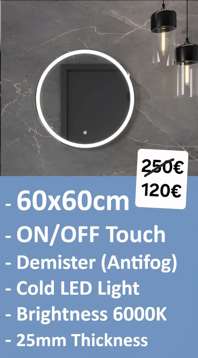 LED Bathroom Mirror 60cm Round Defogger Touch - Image 1