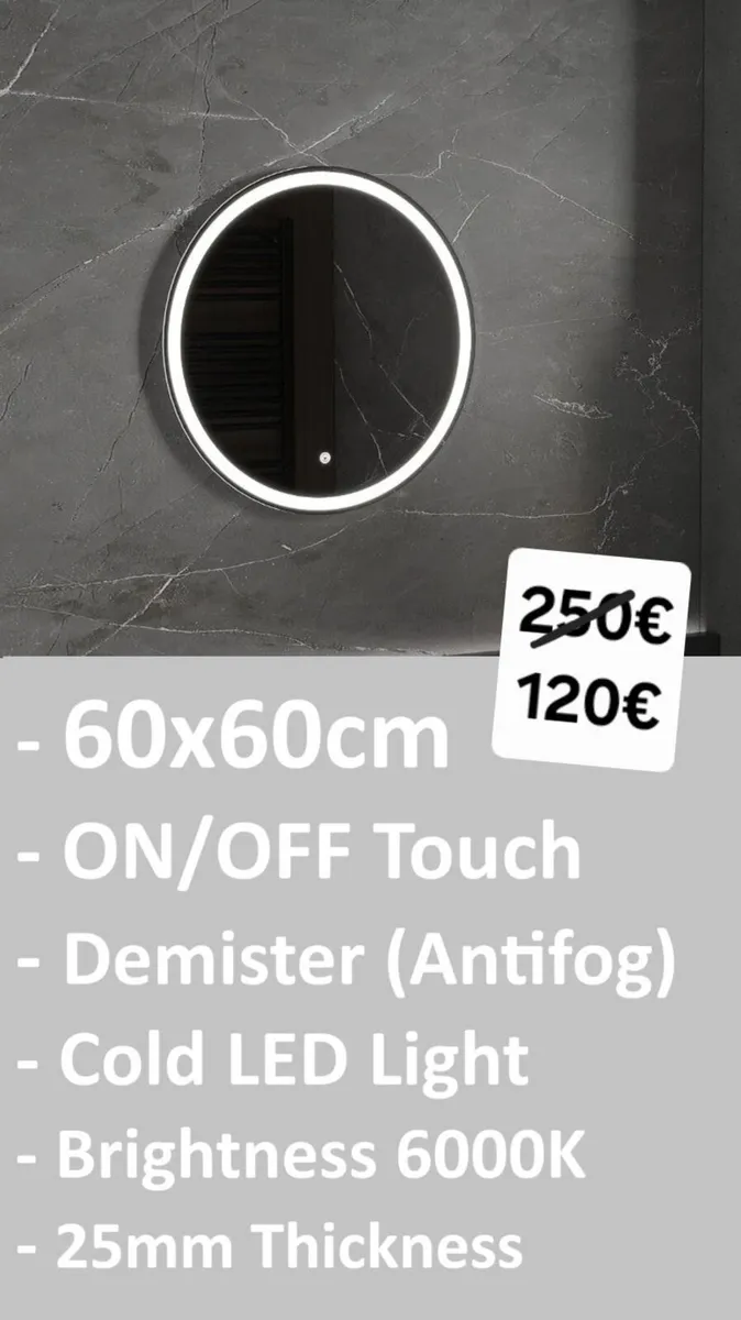 LED Bathroom Mirror 60cm Antifog Round Makeup - Image 1