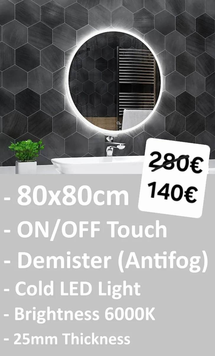 LED Bathroom Mirror 80cm Round Fog Free - Image 1