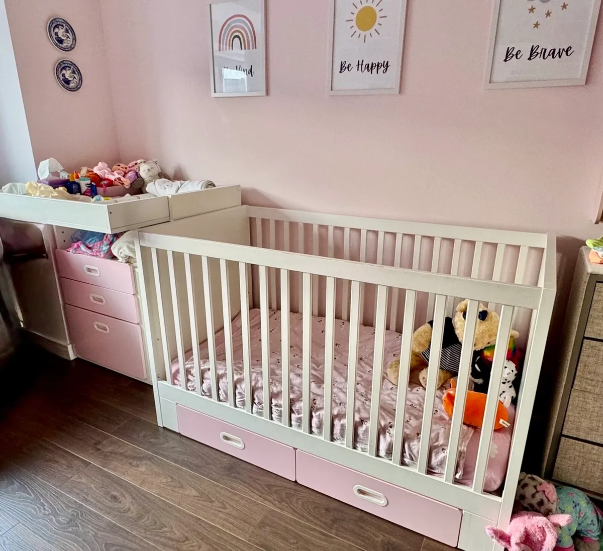 IKEA Pink and White Cot/ Bed + Changer/Desk - Image 1