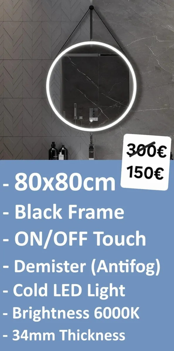 LED Bathroom Mirror 80cm Round Demister Black - Image 1