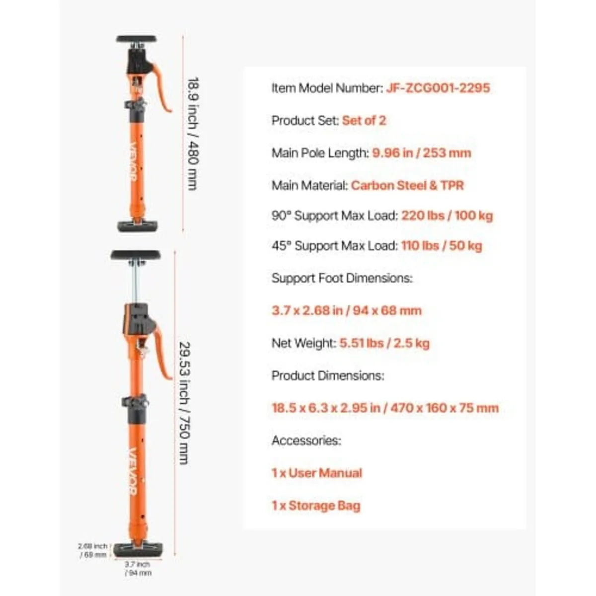 Cabinet Jack Support Pole, 2-Pack, 48-75 cm Steel - Image 3