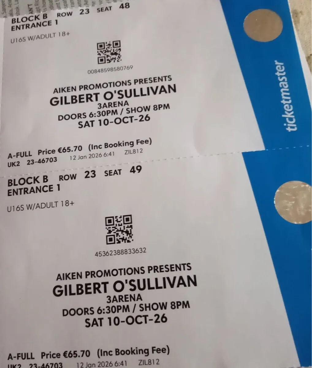2 Gilbert O Sullivan Tickets Saturday 10th October