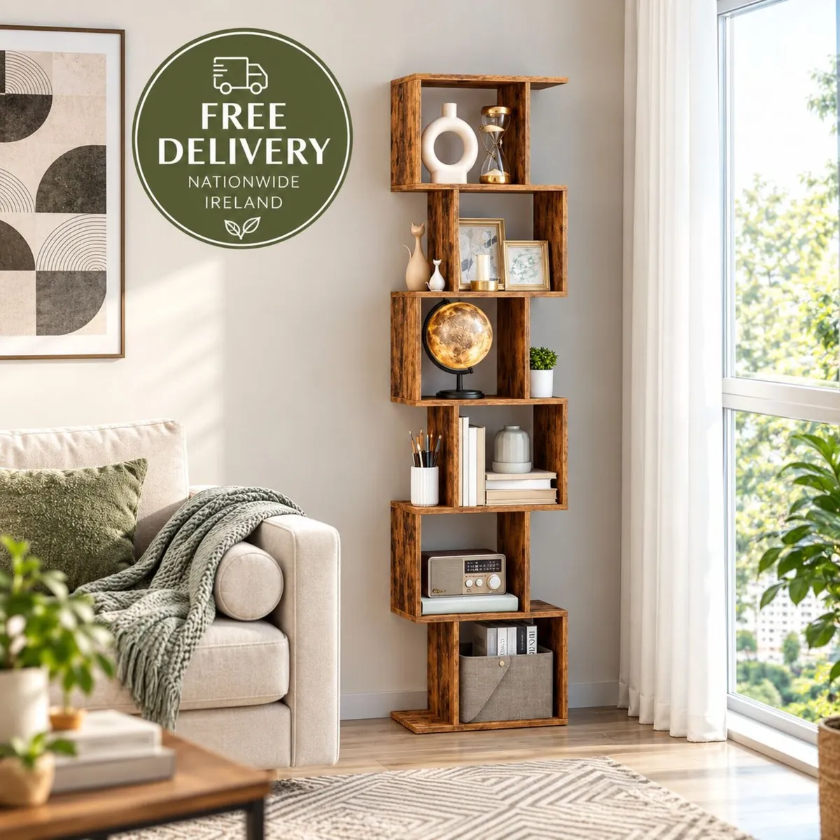 Tall Geometric Bookcase 191cm Rustic Brown Storage - Image 1
