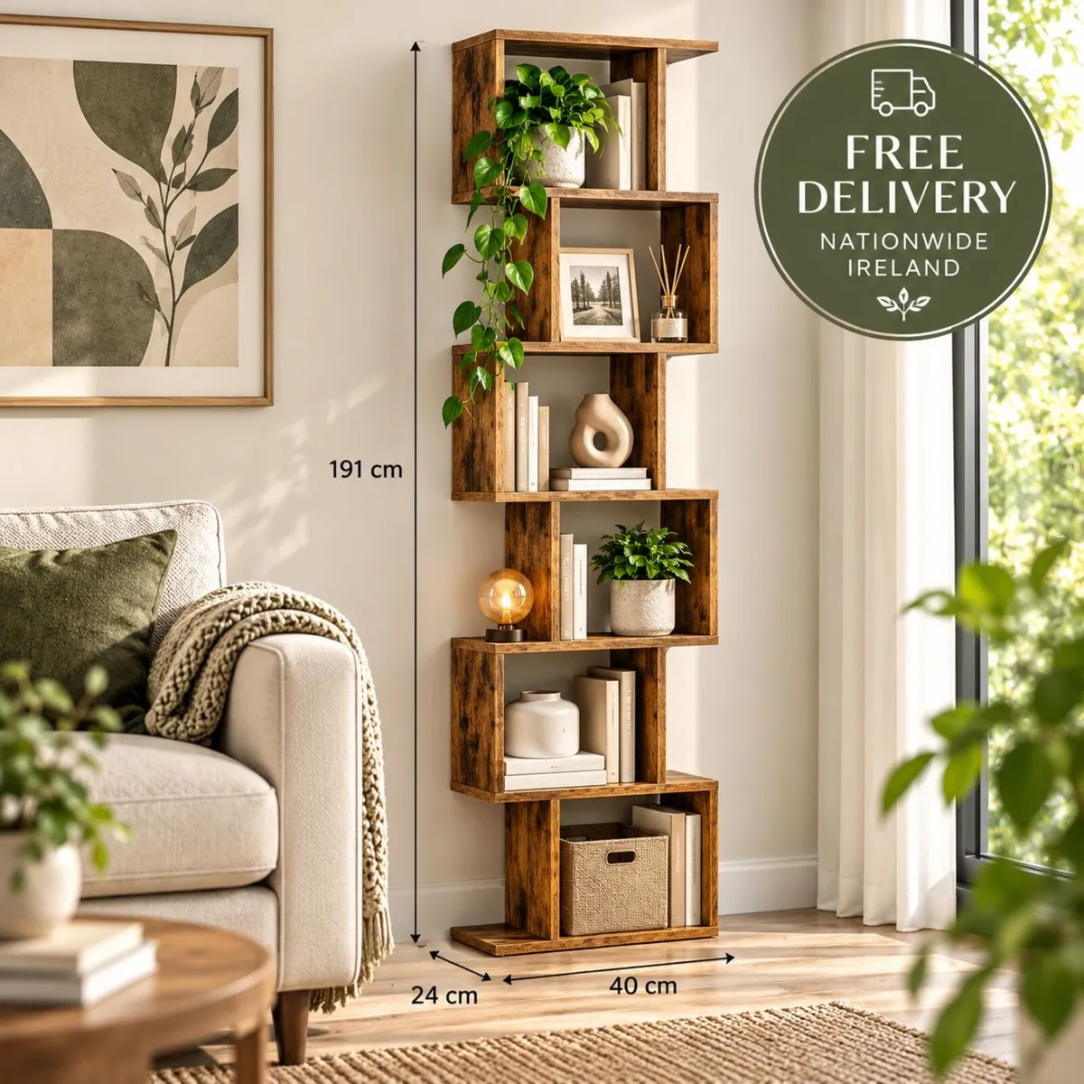 Tall Geometric Bookcase 191cm Rustic Brown Storage - Image 2