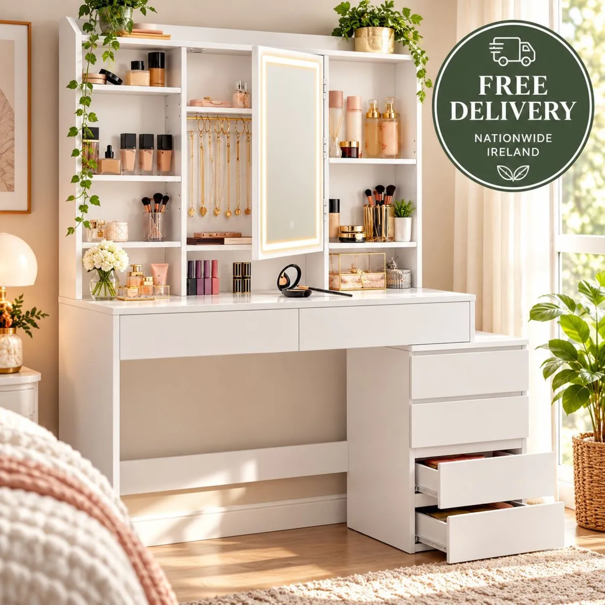 White Dressing Table with LED Mirror, Drawers and - Image 1