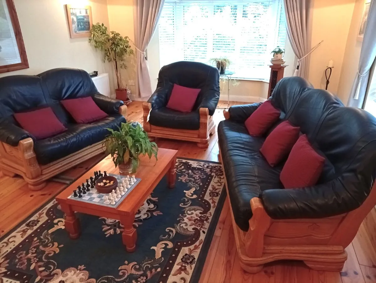 Carved Oak 3+2+1 Leather Suite – Reupholstered - Image 1