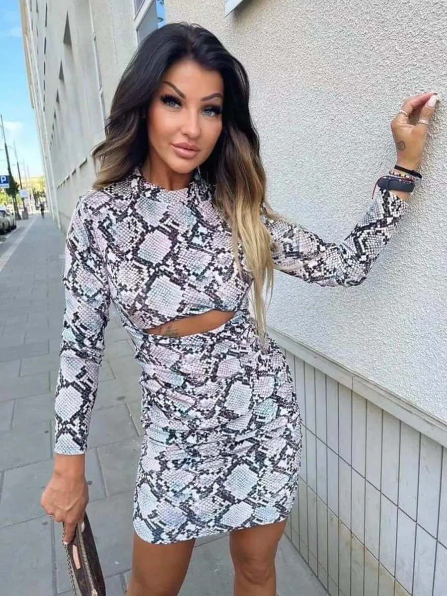 Velvet Snakeskin Print Mock Neck Dress - Image 3
