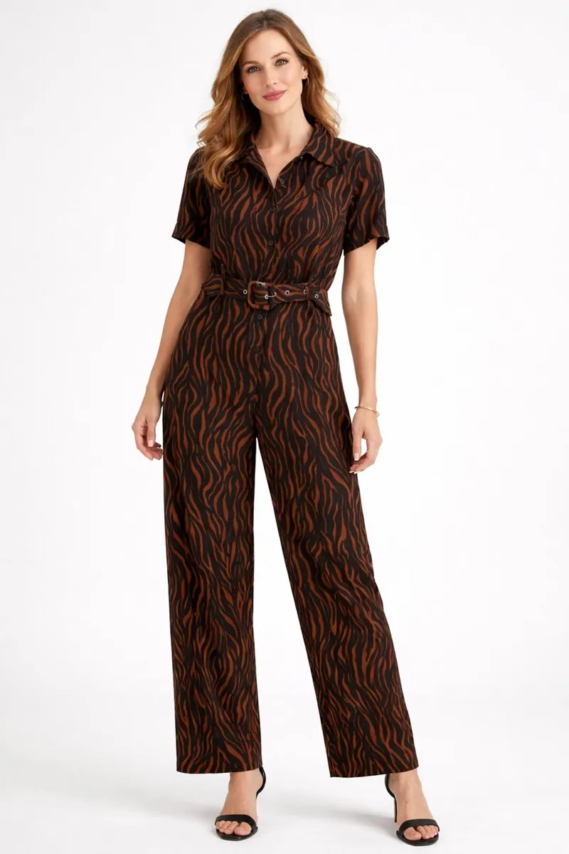 Zebra Print Belted Shirt Jumpsuit: Size 12 - Image 3
