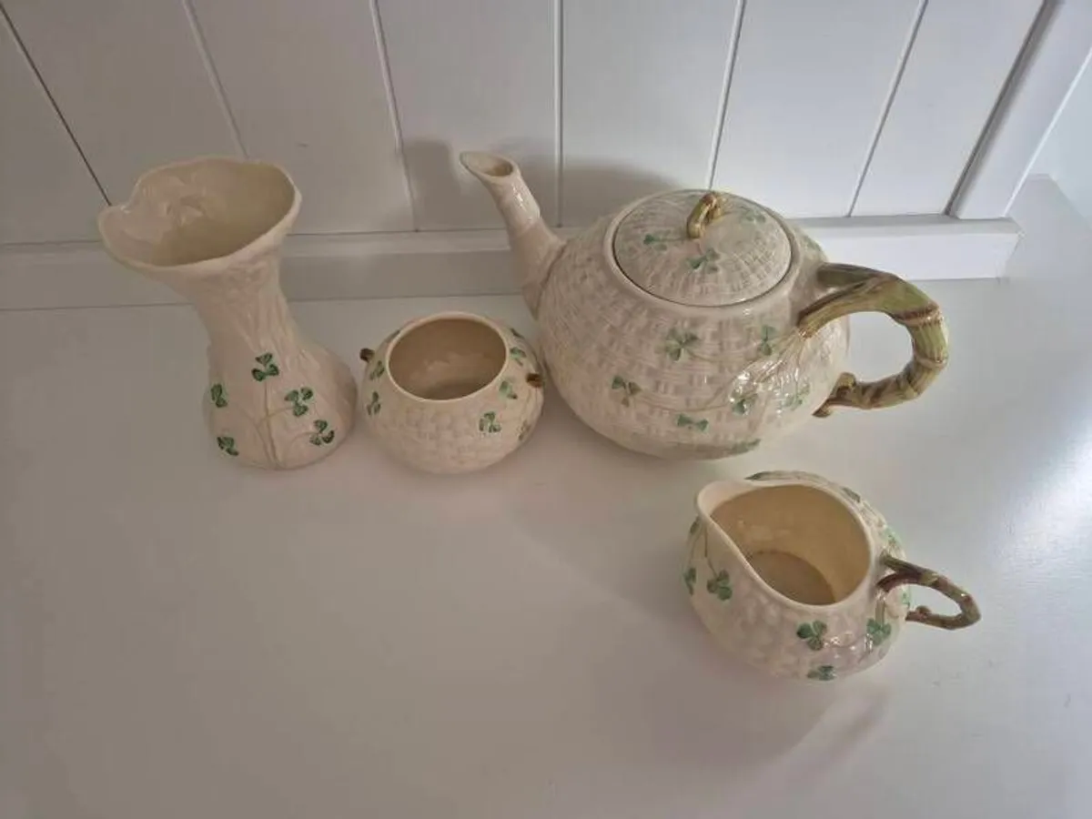Vintage Belleek Irish China Classic Shamrock & Basketweave Pattern - Image 2