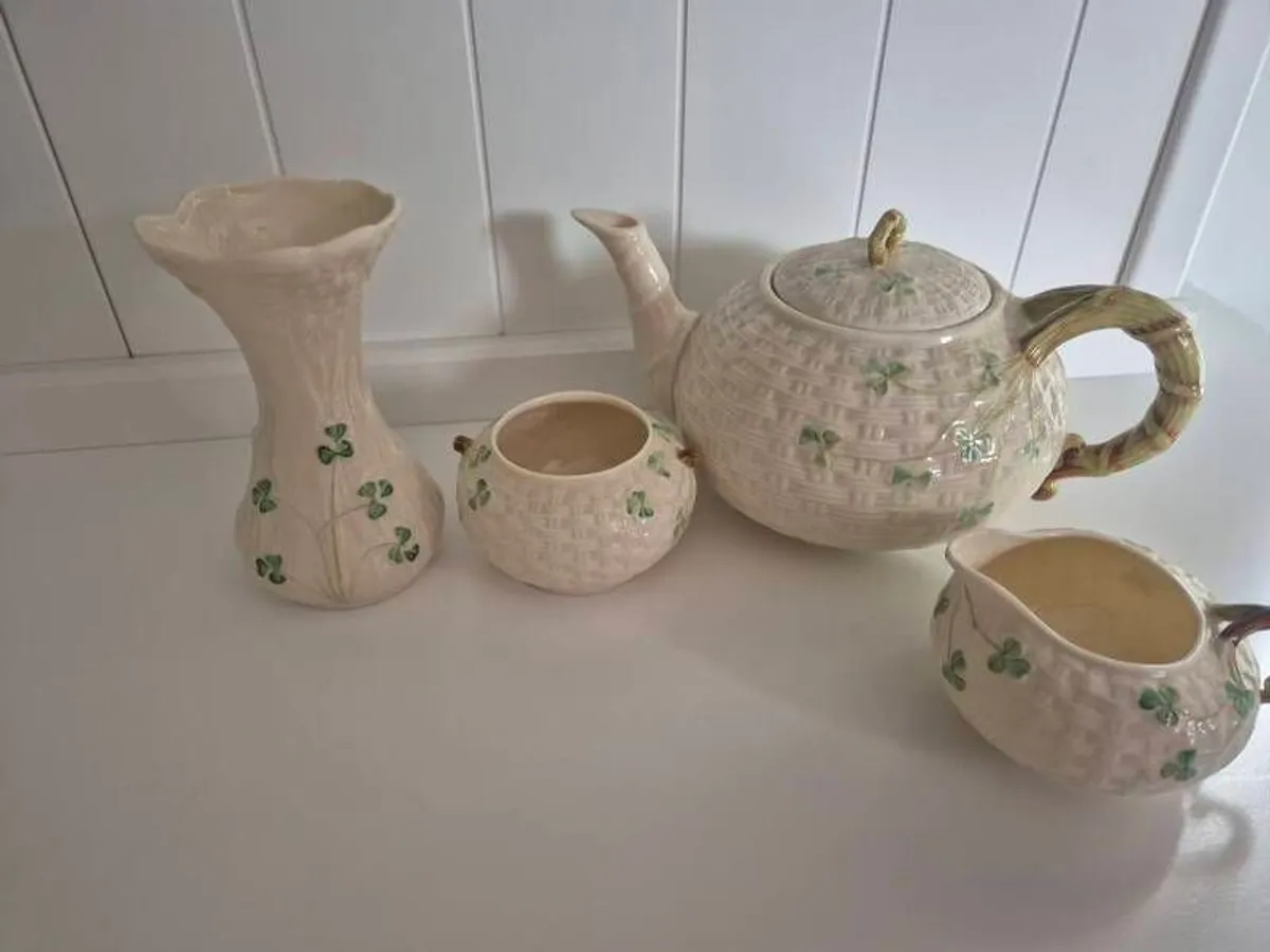 Vintage Belleek Irish China Classic Shamrock & Basketweave Pattern - Image 3