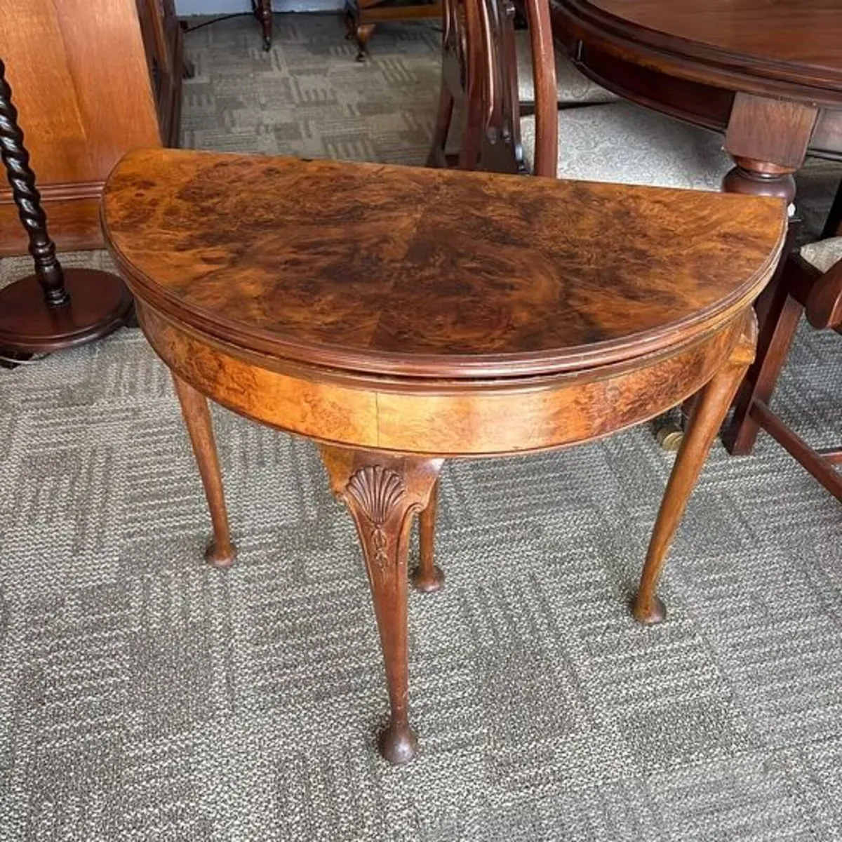 Burr walnut demi-lune fold-over Queen Anne card/ga - Image 1