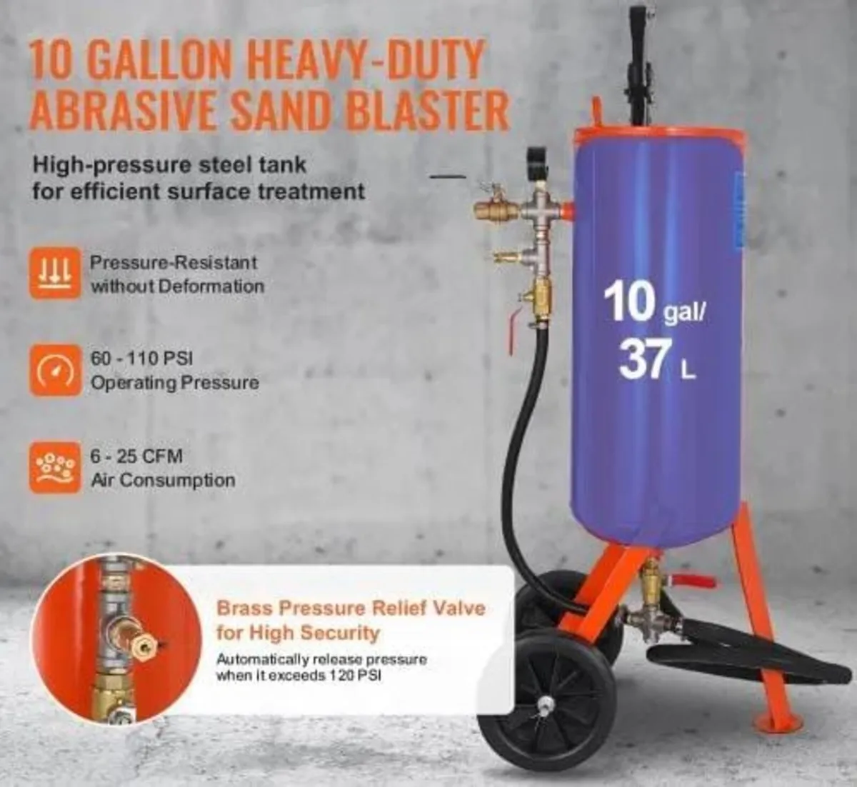 37.9 L Heavy-Duty Sand Blaster 60-110 PSI with 2 N - Image 3