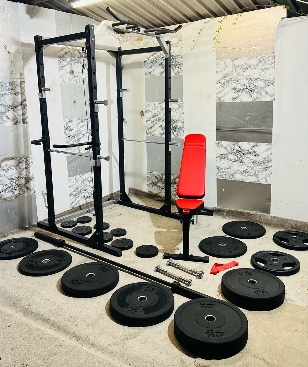130KG BARBELL SET POWER RACK BENCH DUMBBELLS - Image 1