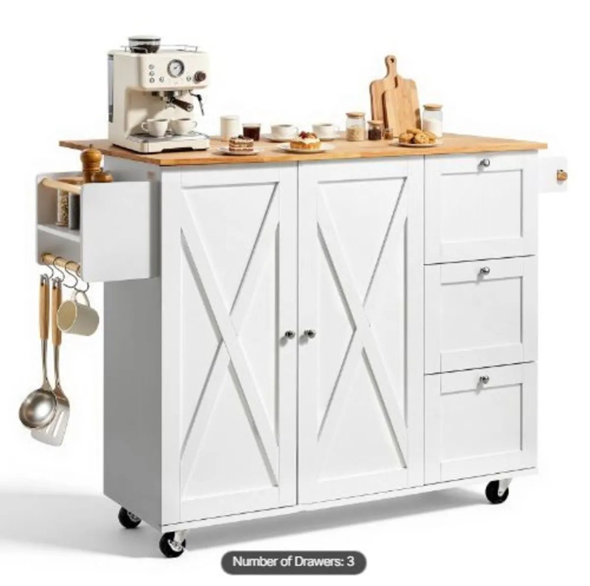 Kitchen Island Cart with Solid Wood Top, 115 cm - Image 1