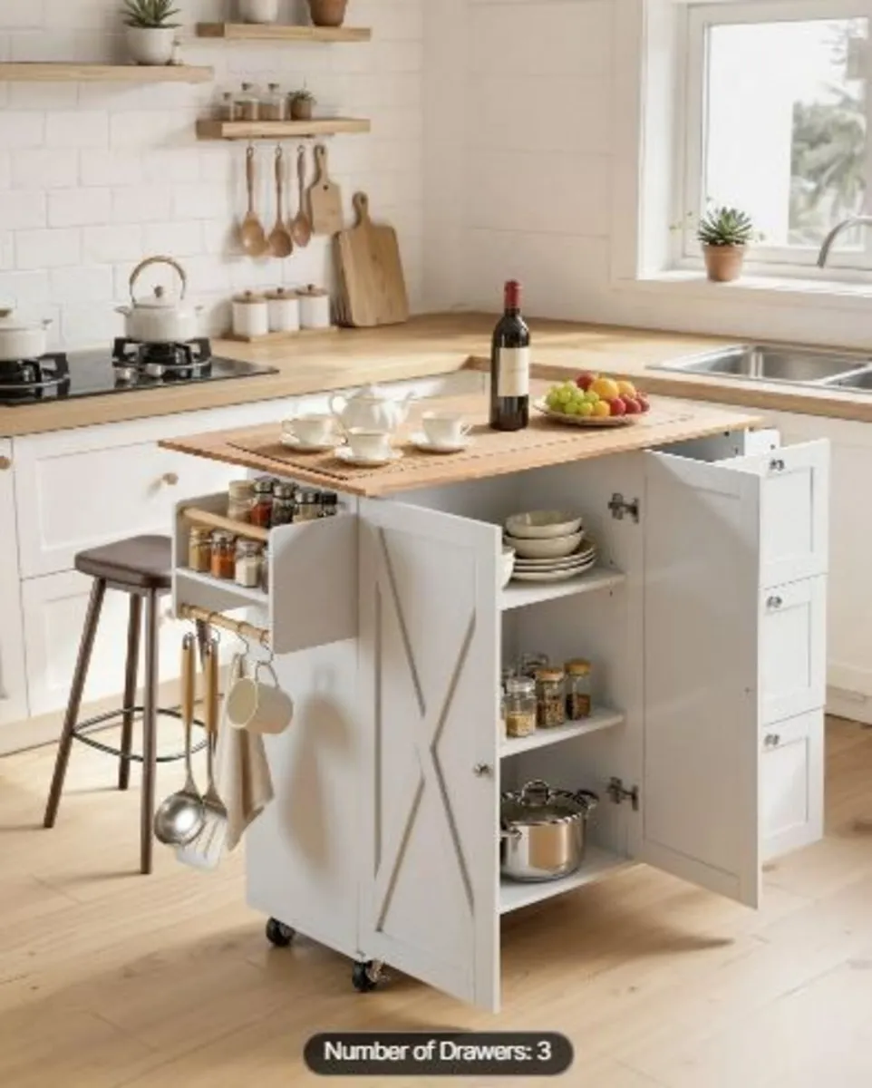 Kitchen Island Cart with Solid Wood Top, 115 cm - Image 2