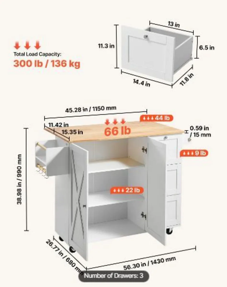 Kitchen Island Cart with Solid Wood Top, 115 cm - Image 4