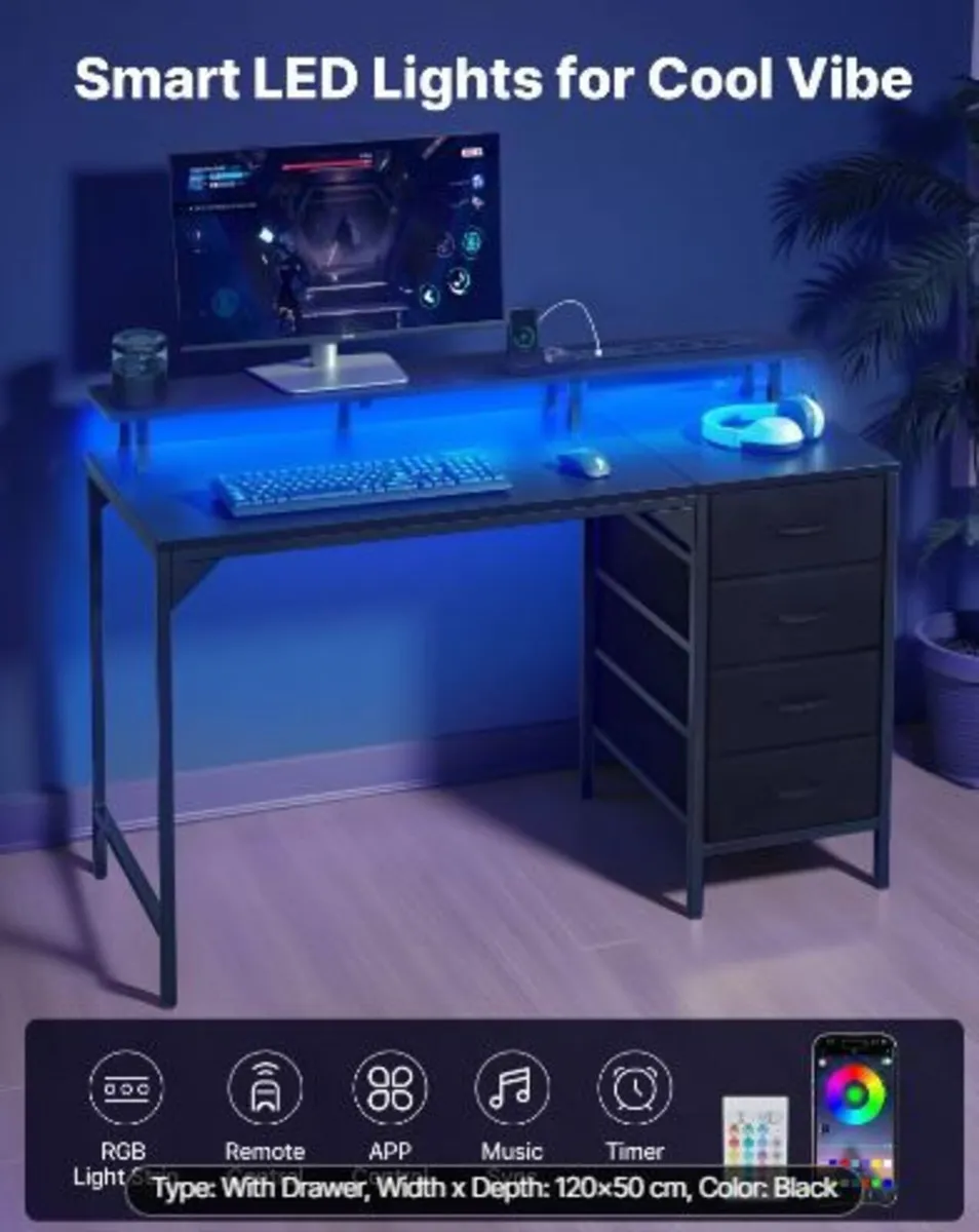 120 cm Computer Desk with Smart LED Lights - Image 2