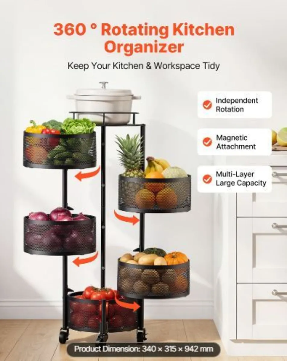 Rotating Storage Rack Cart, 5 Tier Fruit - Image 3