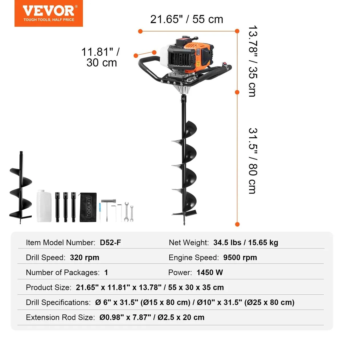 52cc Petrol Post Hole Digger with 6 & 10in Bits - Image 4