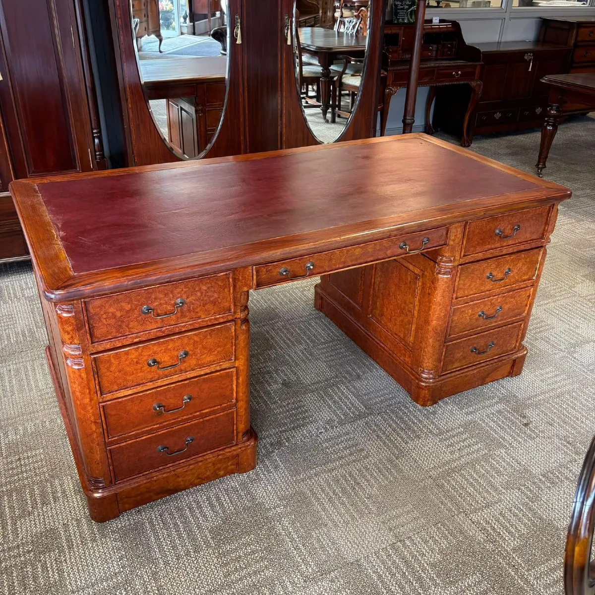 Traditional burr walnut twin pedestal writing desk - Image 1