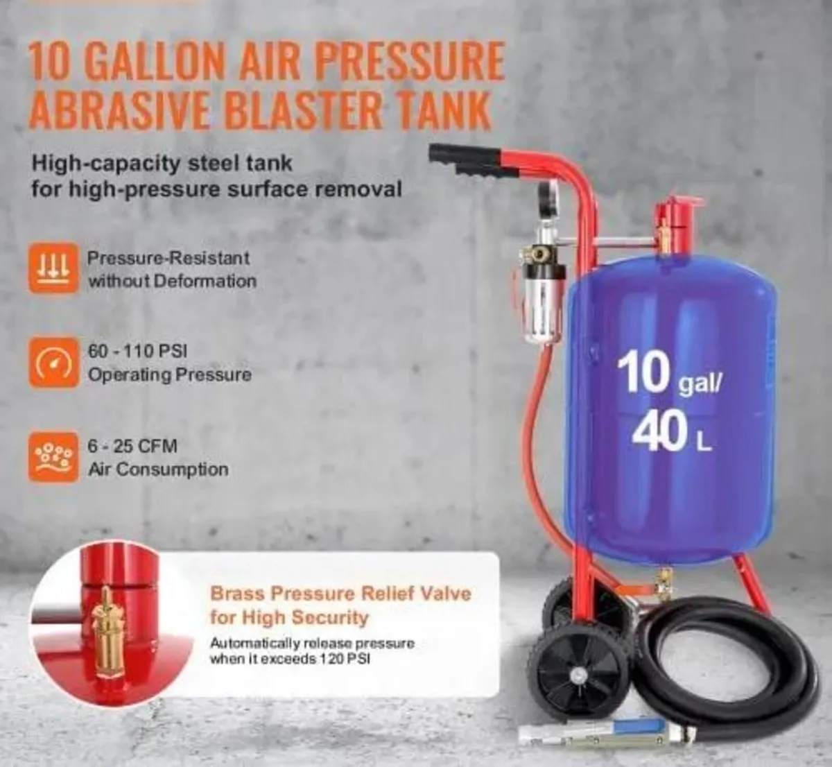 10Gal/40L Sandblaster Equipped with Nozzle Shut-Of - Image 3