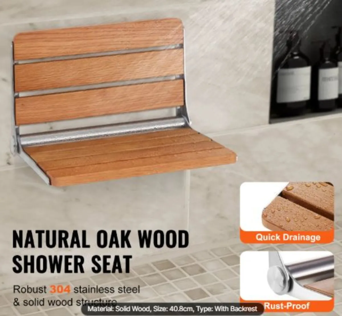 Folding Oak Shower Seat 16.1"/40.9cm x13.4"/34 - Image 2