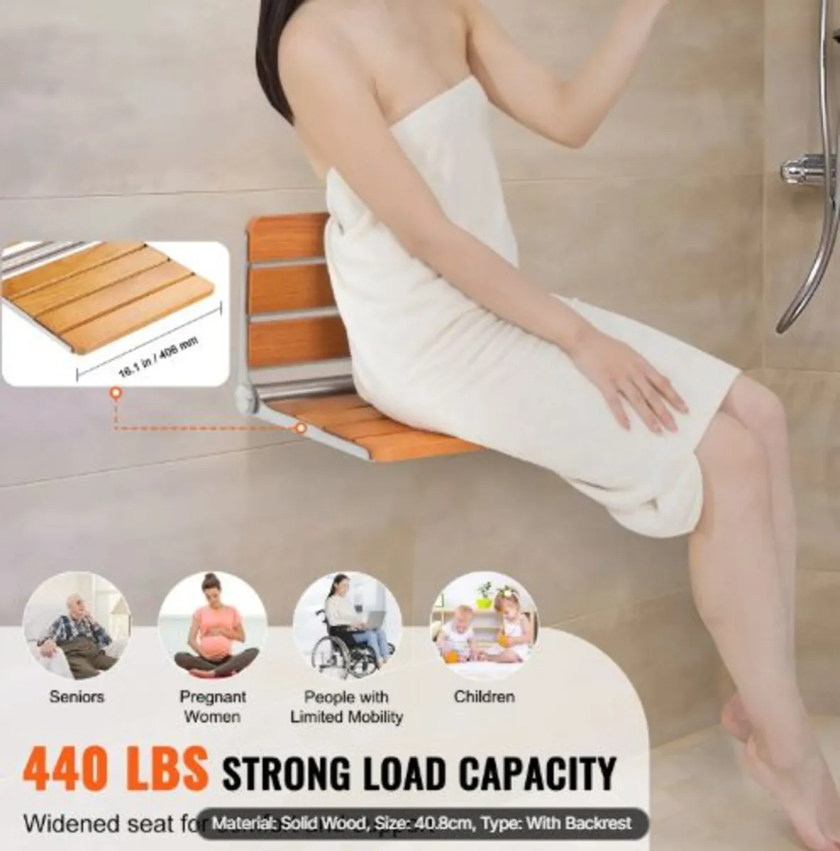 Folding Oak Shower Seat 16.1"/40.9cm x13.4"/34 - Image 3