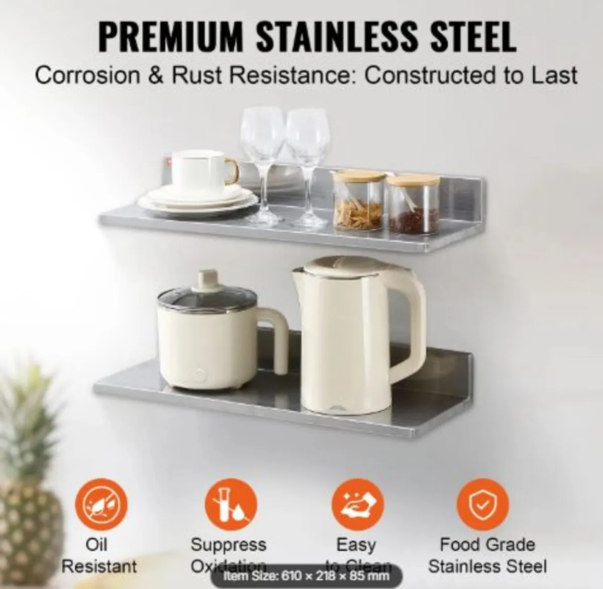 21.8 x 61 cm Stainless Steel Shelf, Wall Mounted - Image 2