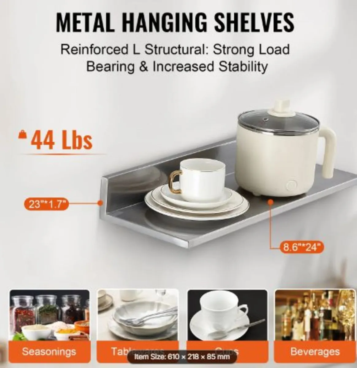 21.8 x 61 cm Stainless Steel Shelf, Wall Mounted - Image 3