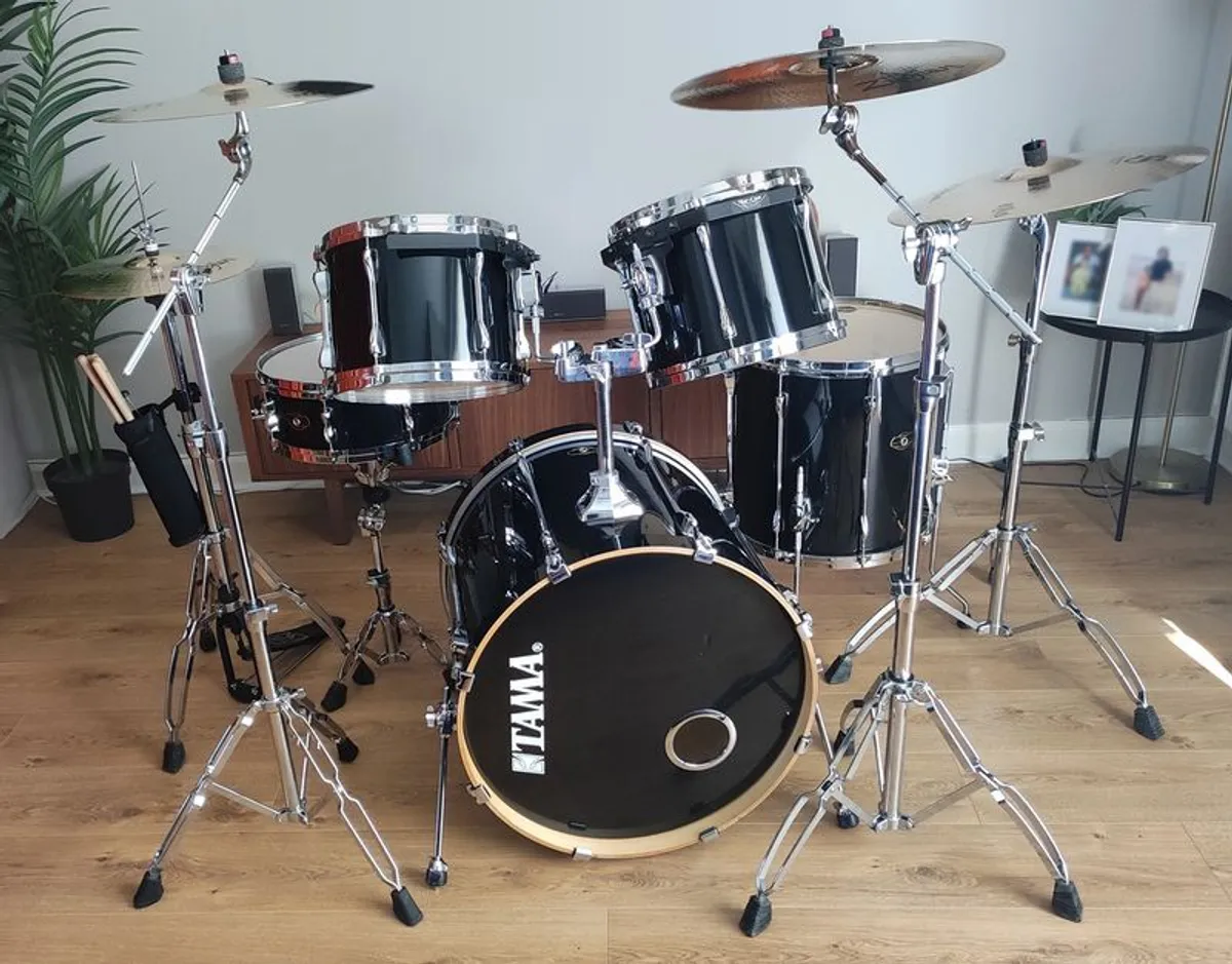 Tama 5-piece black Drum Kit with Zildjian cymbals and drum cases. - Image 1