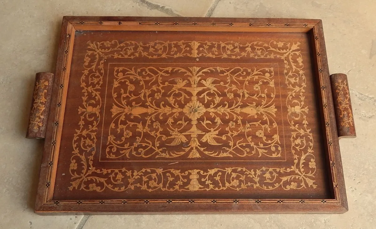 Vintage Wooden Serving Tray with Marquetry Inlay - Image 1