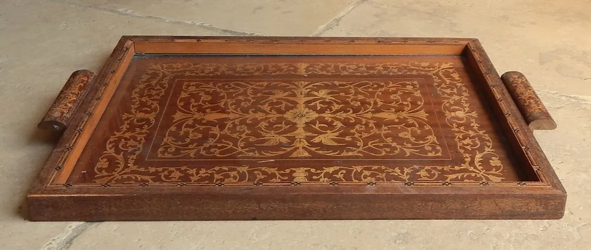 Vintage Wooden Serving Tray with Marquetry Inlay - Image 2