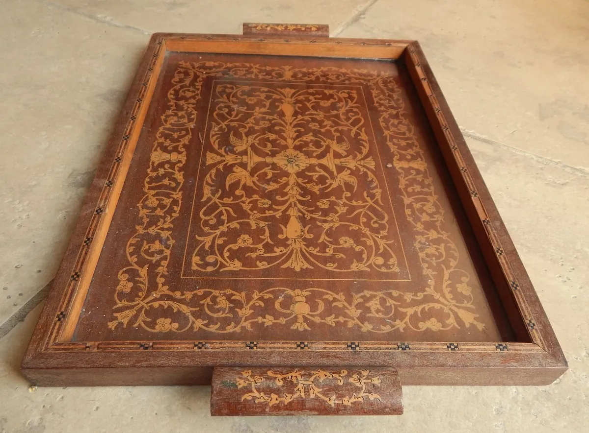 Vintage Wooden Serving Tray with Marquetry Inlay - Image 3