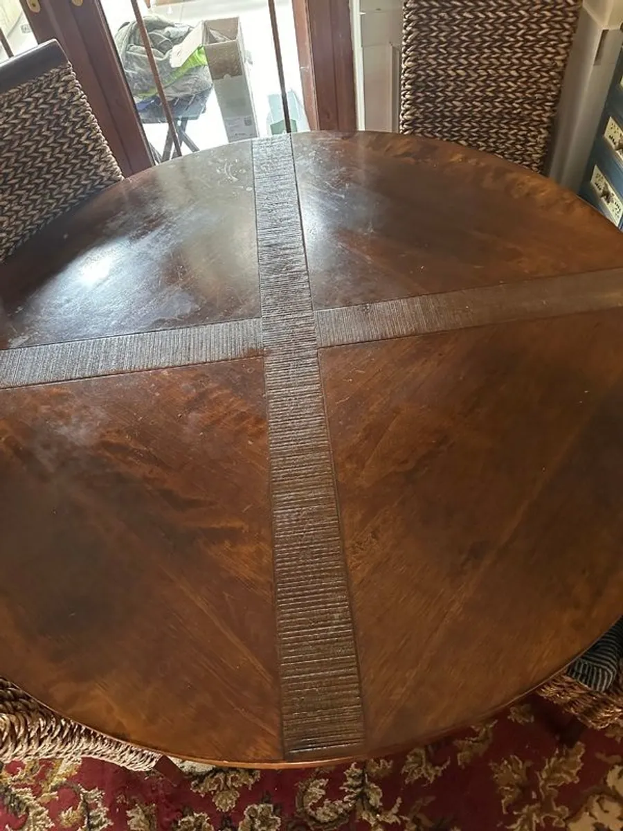 Walnut veneer dining table and four rattan dining chairs - Image 2