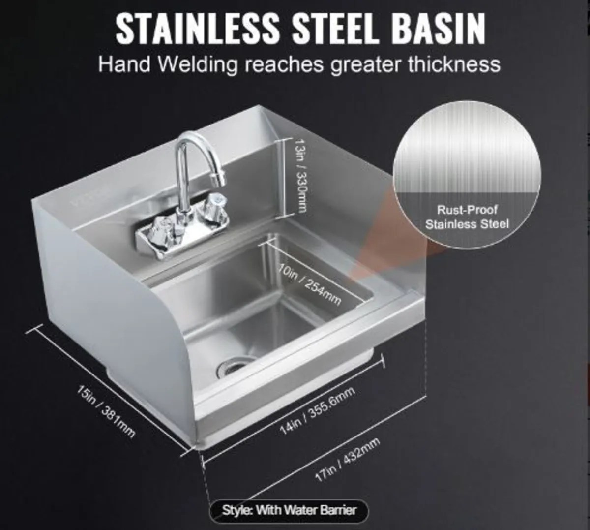 Commercial Hand Sink with Faucet and Side Splash - Image 3