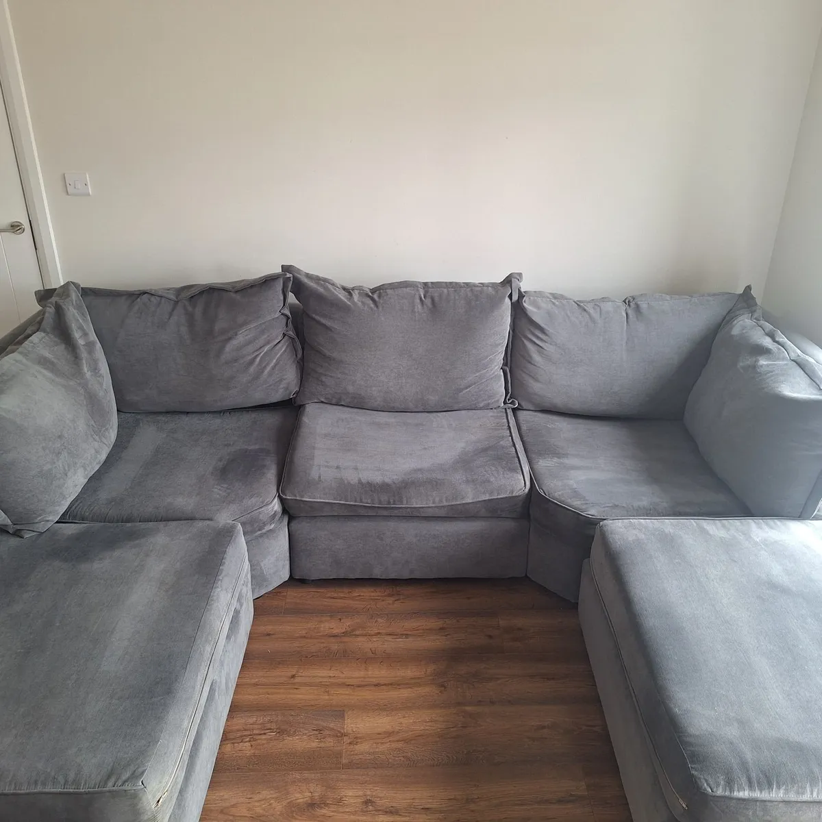 Grey Adjustable Couch with poofs - Image 1
