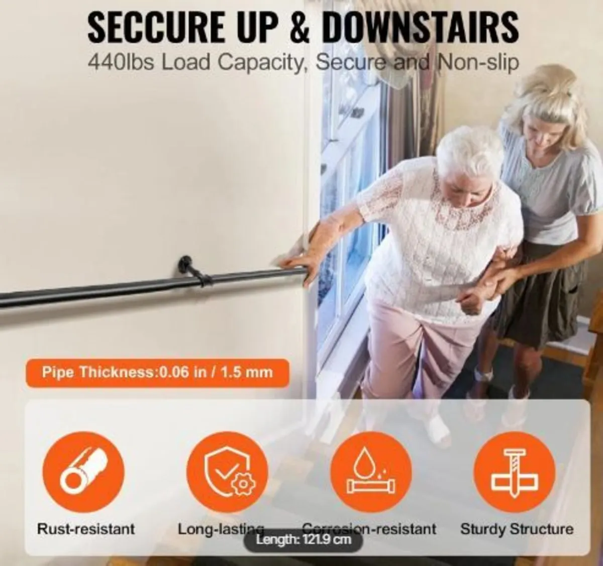 Pipe Stair Handrail, 121.9 cm Staircase Handrail - Image 1