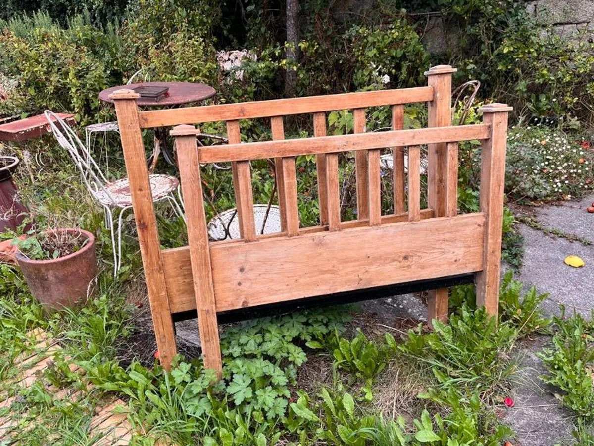 Antique pine bed ends and iron rails - Image 2