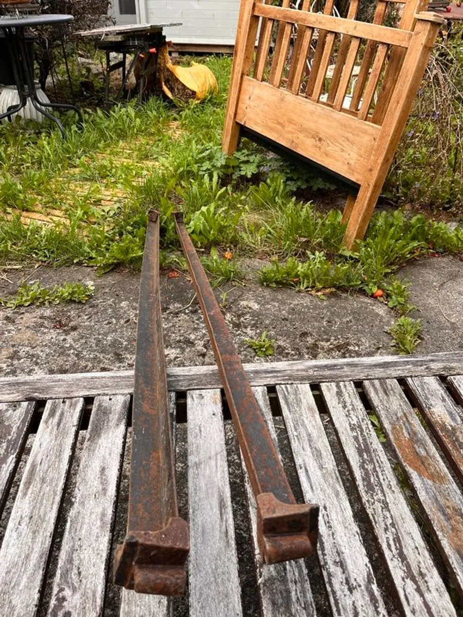 Antique pine bed ends and iron rails - Image 3