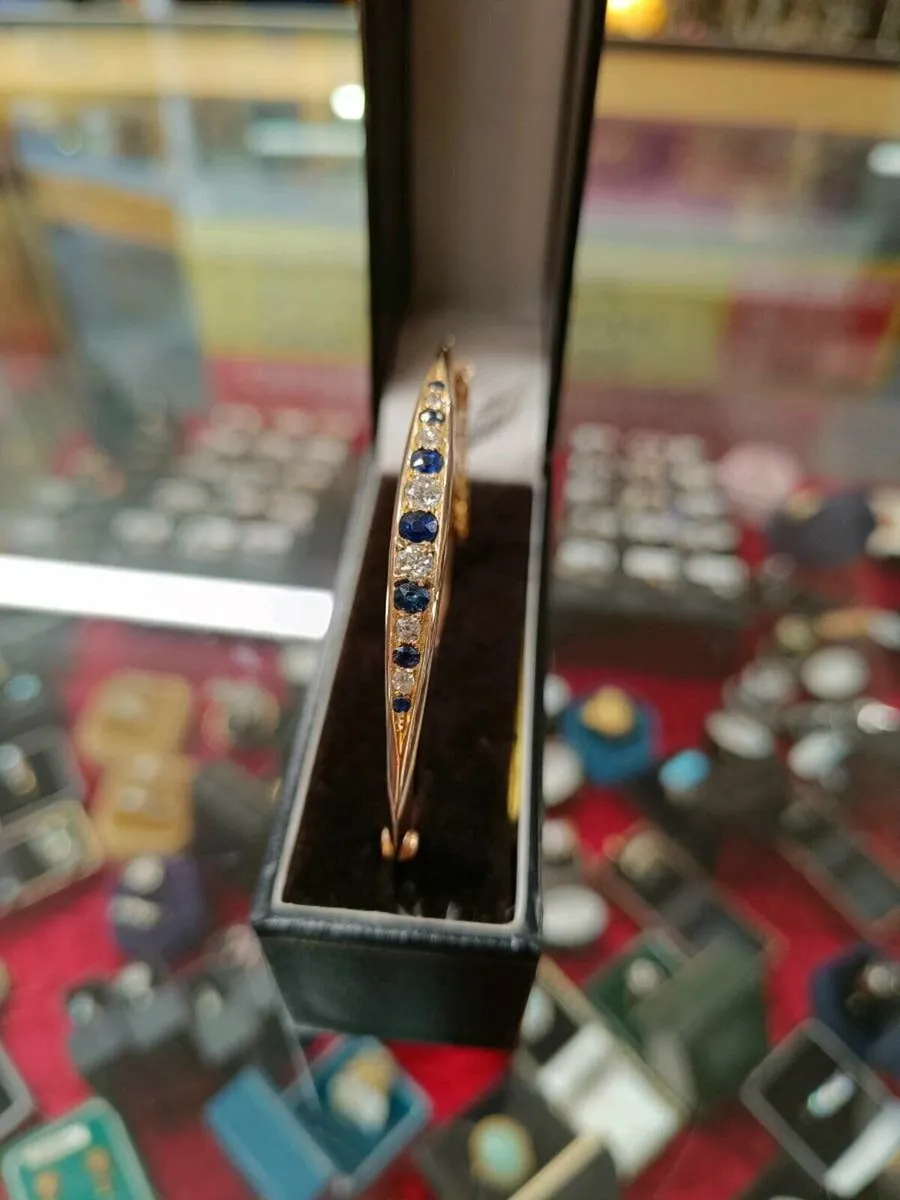 Antique 15k Rose Gold Diamond & Sapphire Bangle - Image 1