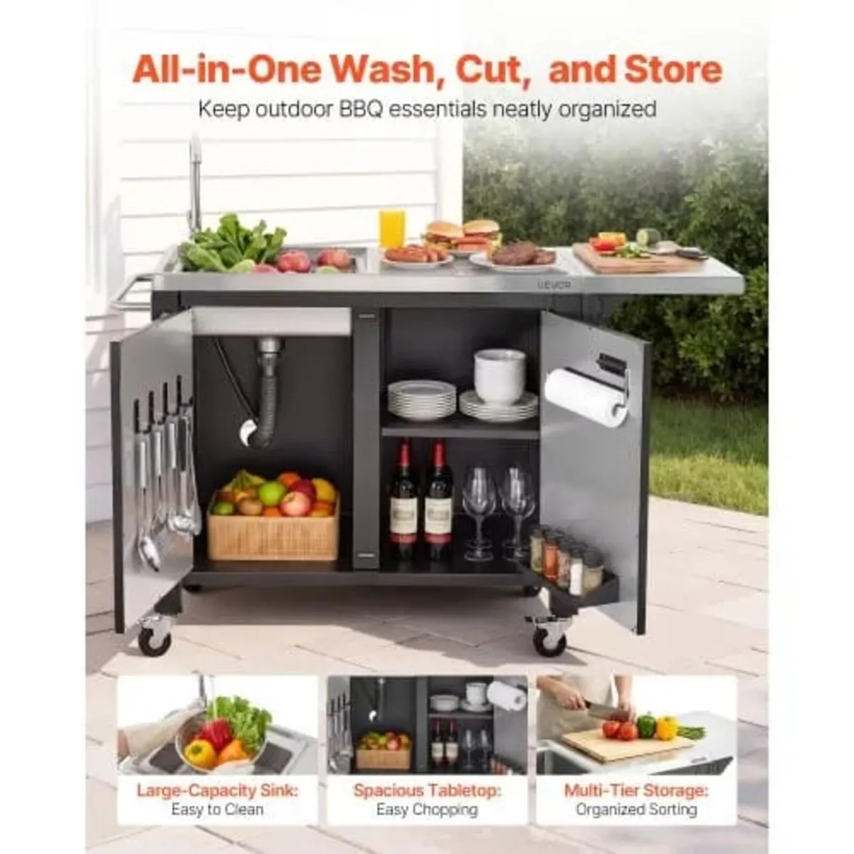 Outdoor Grill Cart with Sink and Storage Cabinet, - Image 2