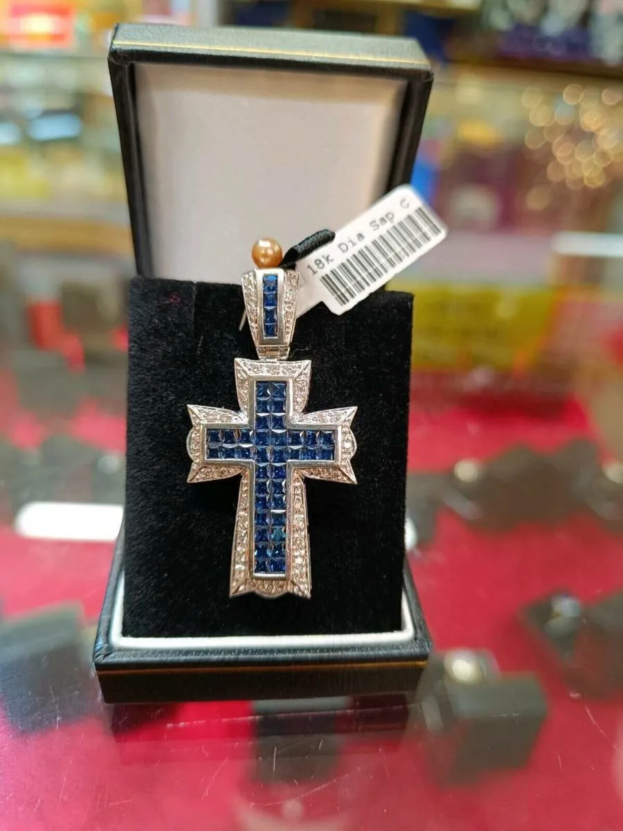 18k White Gold Sapphire & Diamond Cross Pendant - Image 2