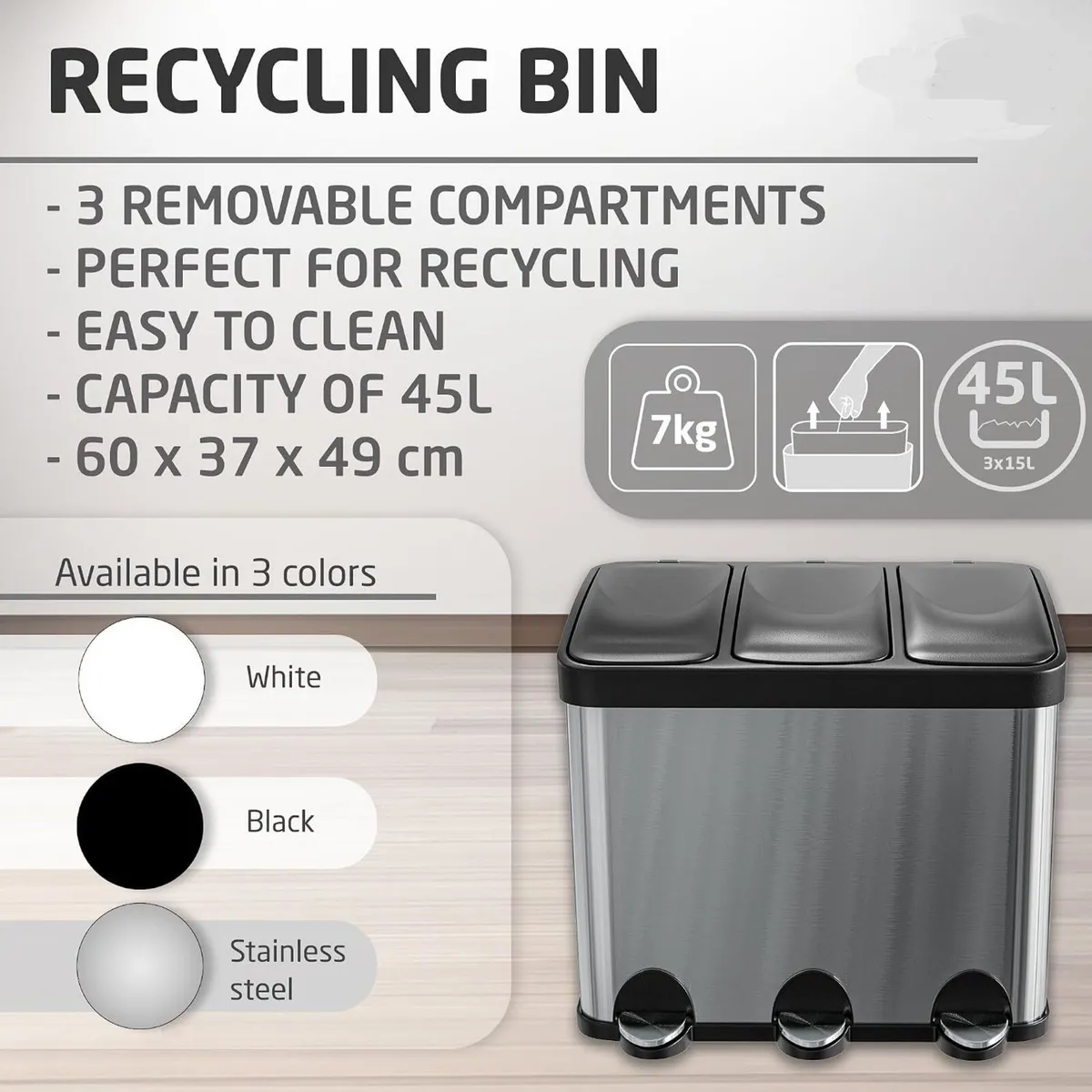 Kitchen Recycling Bin 45L Three Sections - Image 3