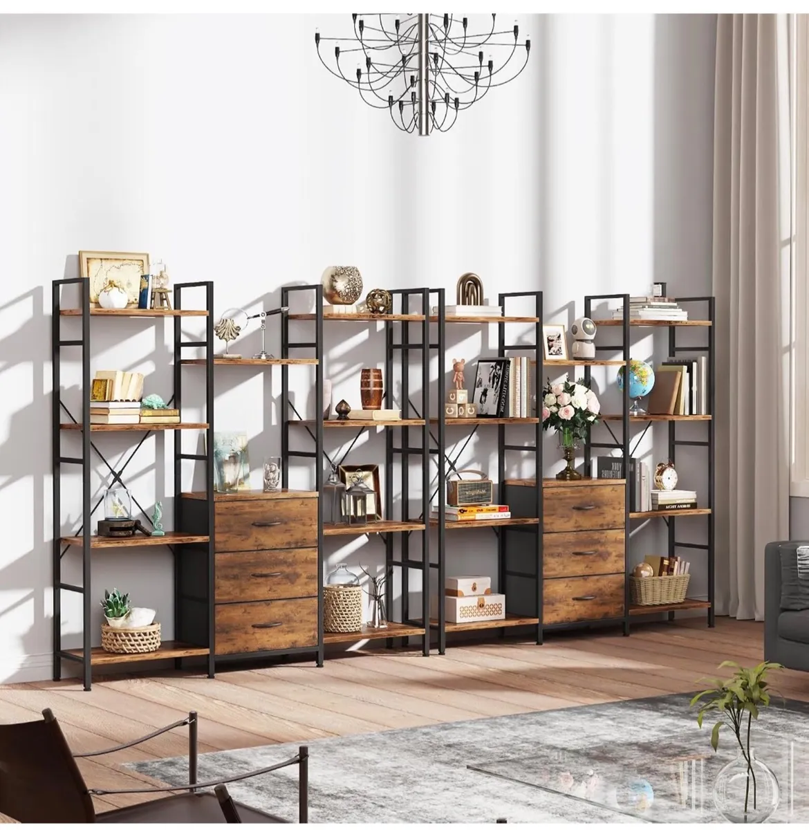 4-Tier Bookcase with Drawers, 100cm Wide Rustic Br - Image 3